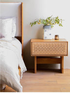 Handwoven Rope Front Wooden Nightstand – Mid-Century Natural Solid Wood Bedside Table