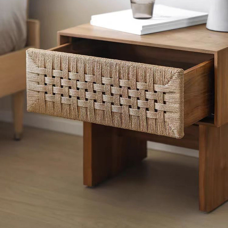 Handwoven Rope Front Wooden Nightstand – Mid-Century Natural Solid Wood Bedside Table