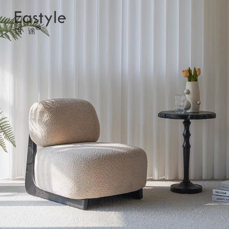 Modern Bouclé Lounge Chair – Plush Upholstered Accent Chair with Wood Base & Pillow for Living Room or Bedroom