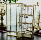 Elegant Glass Silver Lace Trim Jewelry Standing Display Case with Necklace and Earring Holder
