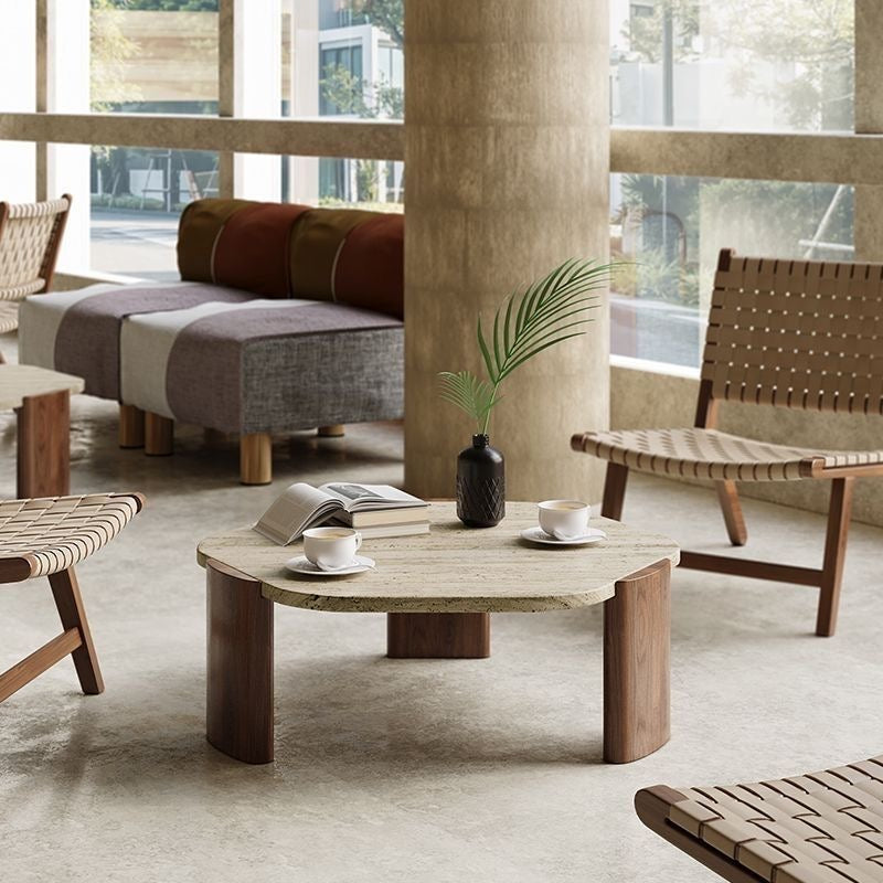 Modern Travertine Coffee Table with Walnut Legs