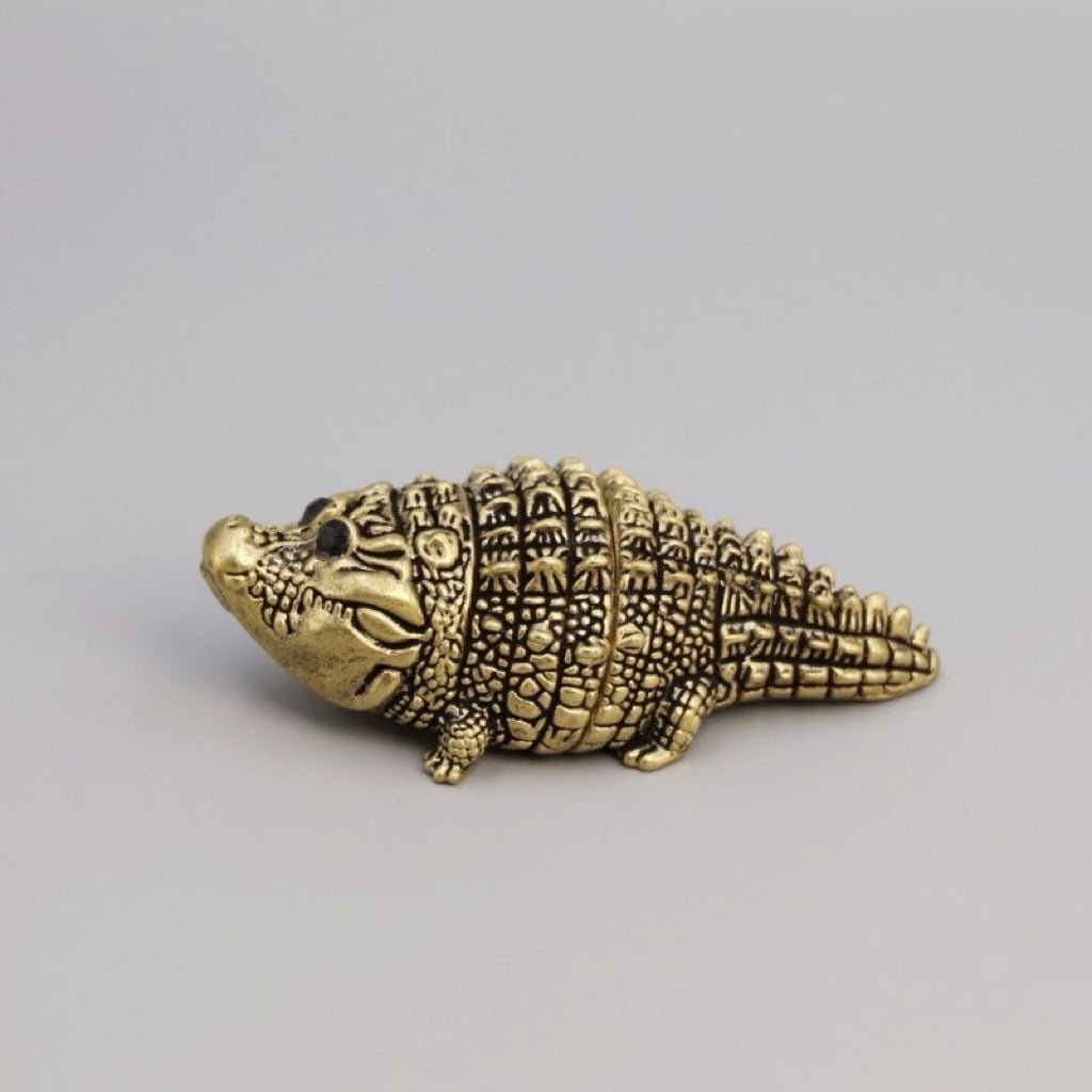Miniature Brass Crocodile Figurine – Symbol of Power & Resilience, Antique Style Desk Decor