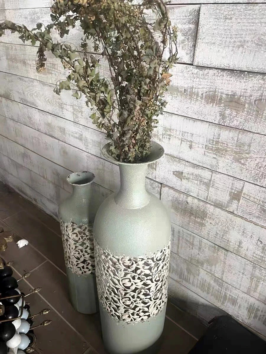 Antique-Inspired Tall Decorative Vases – Ornate Carved Metal Floor Vessels for Vintage French Country Home Decor