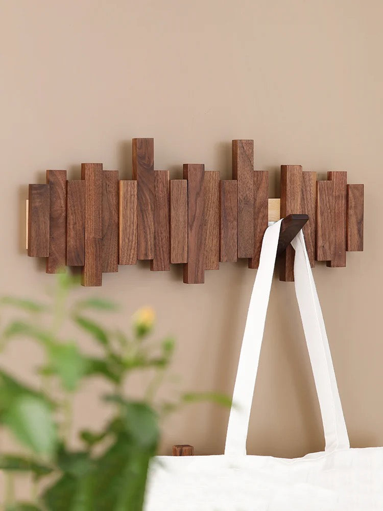 Modern Wooden Wall Hook Rack – Space-Saving Folding Coat Rack with Hidden Hooks – Stylish Walnut Wood Floating Wall Organizer