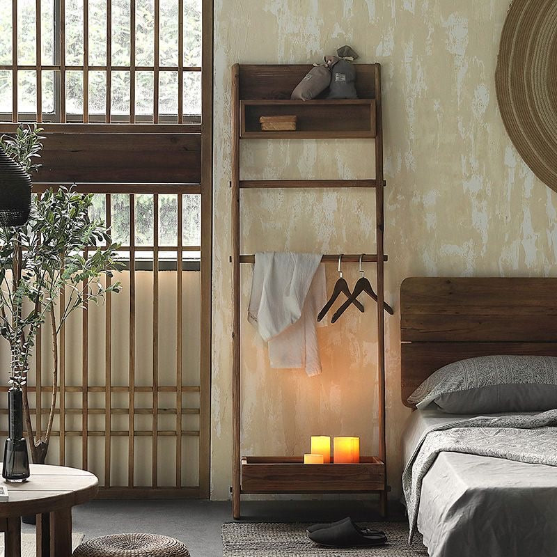 Rustic Wooden Ladder Shelf with Hanging Rack