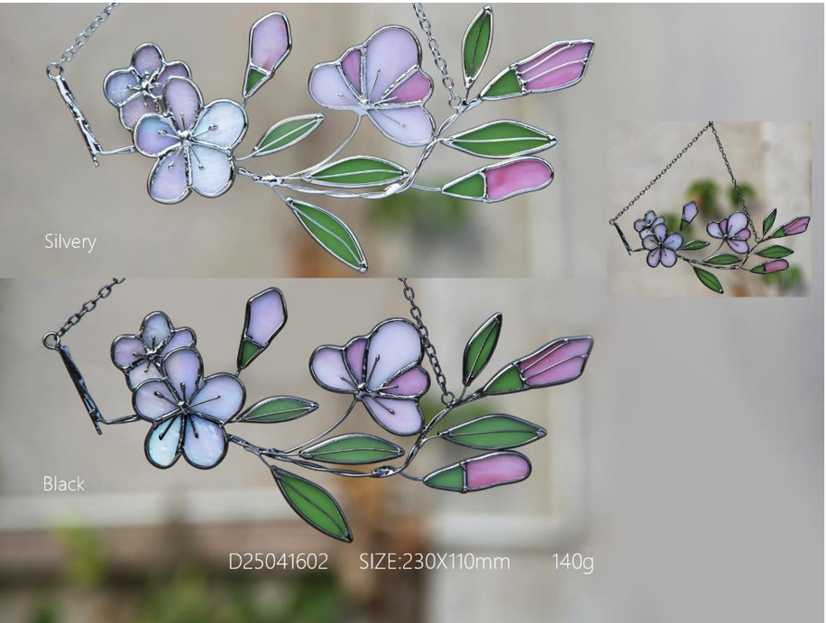 Handcrafted Stained Glass Flower Hanging | Iridescent Cherry Blossom Suncatcher with Silver/Black Frame