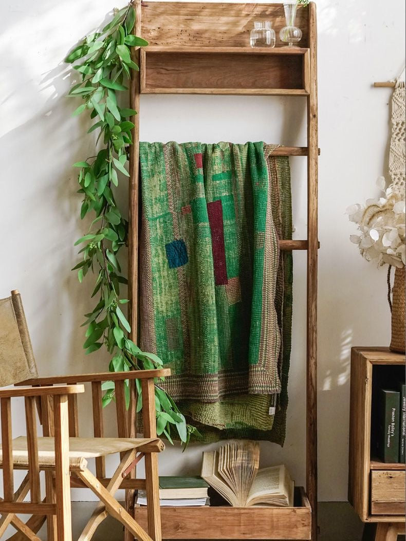 Rustic Wooden Ladder Shelf with Hanging Rack