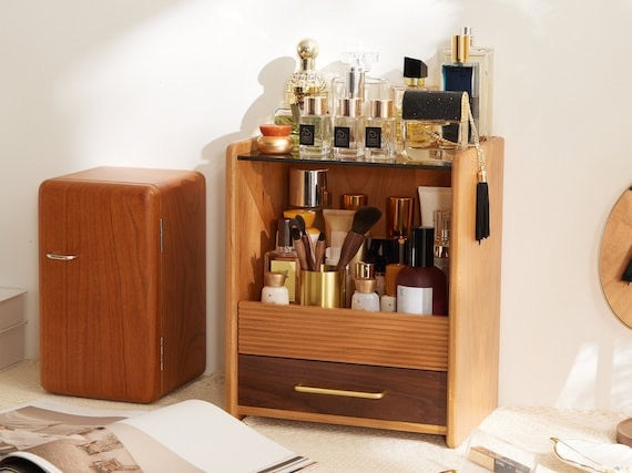 Modern Wood Makeup Organizer – 3-Layer Vanity Storage Box with Drawer