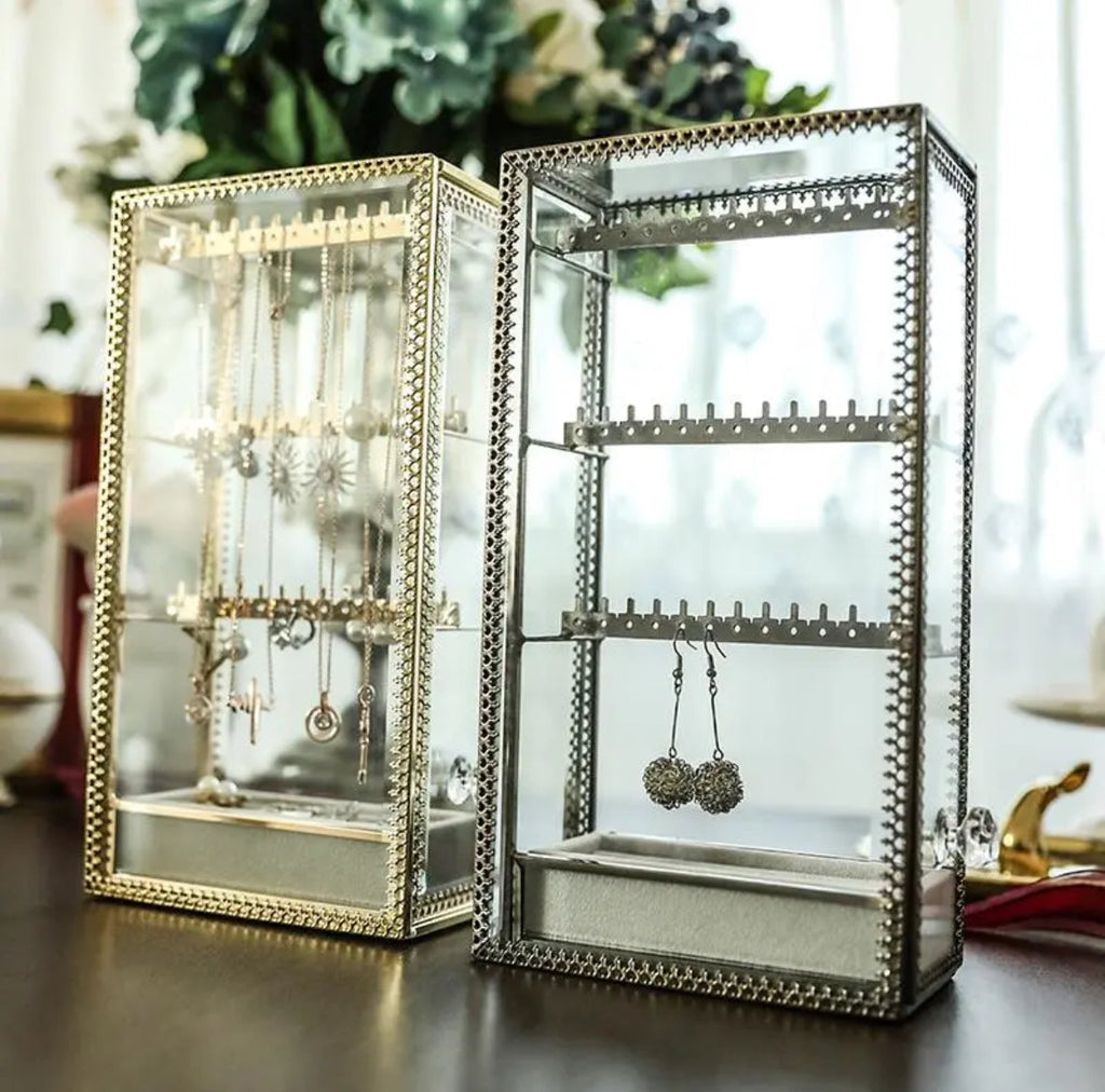 Elegant Glass Silver Lace Trim Jewelry Standing Display Case with Necklace and Earring Holder