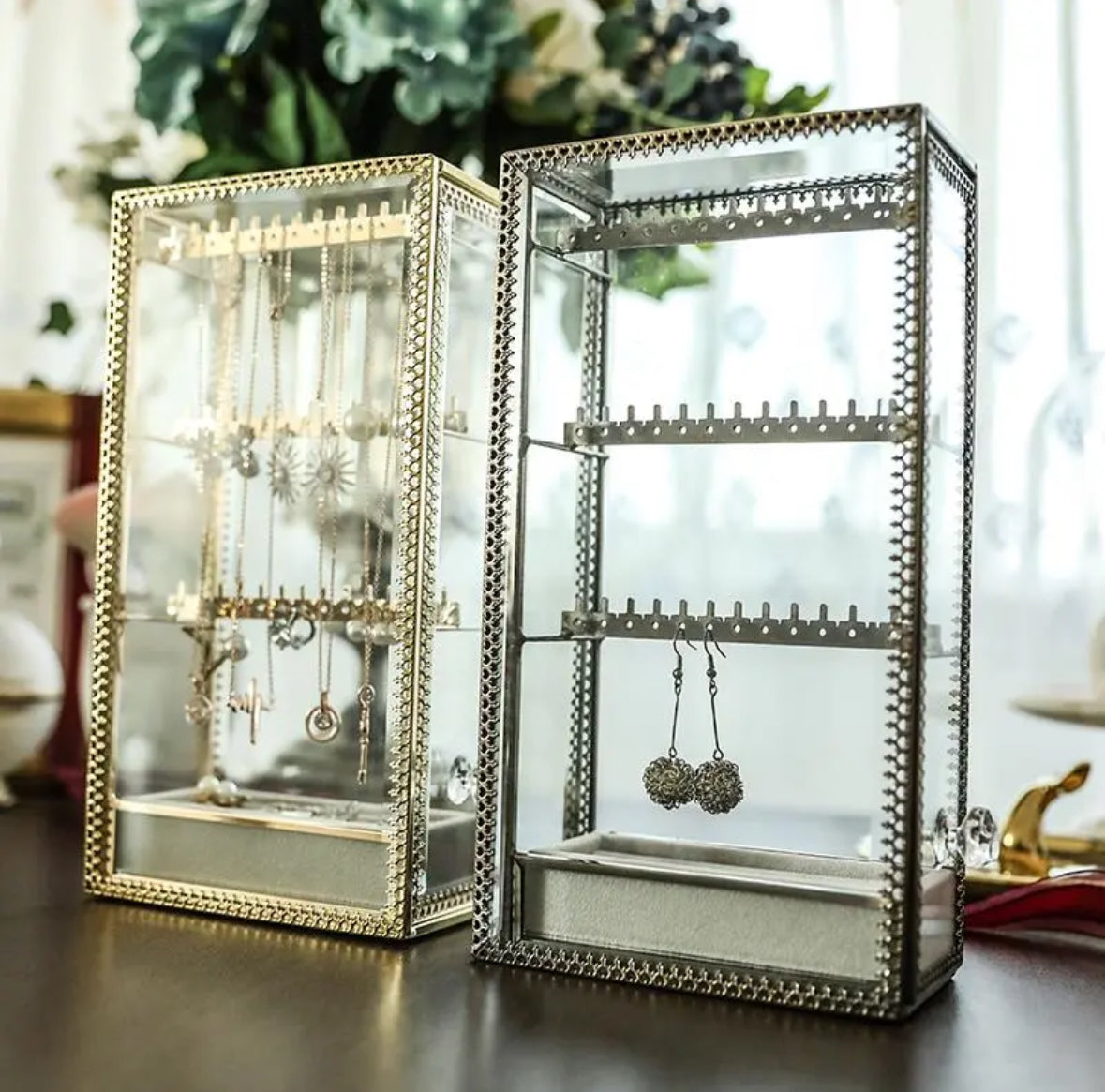 Elegant Glass Silver Lace Trim Jewelry Standing Display Case with Necklace and Earring Holder