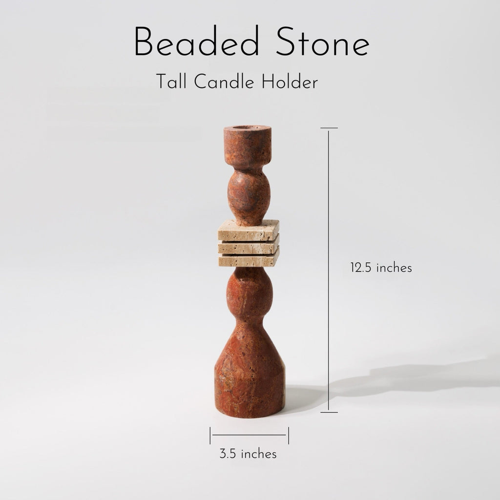 Modern Sculptural Bead Stone Candle Holder | Set of 2 Natural Stone Taper Holders