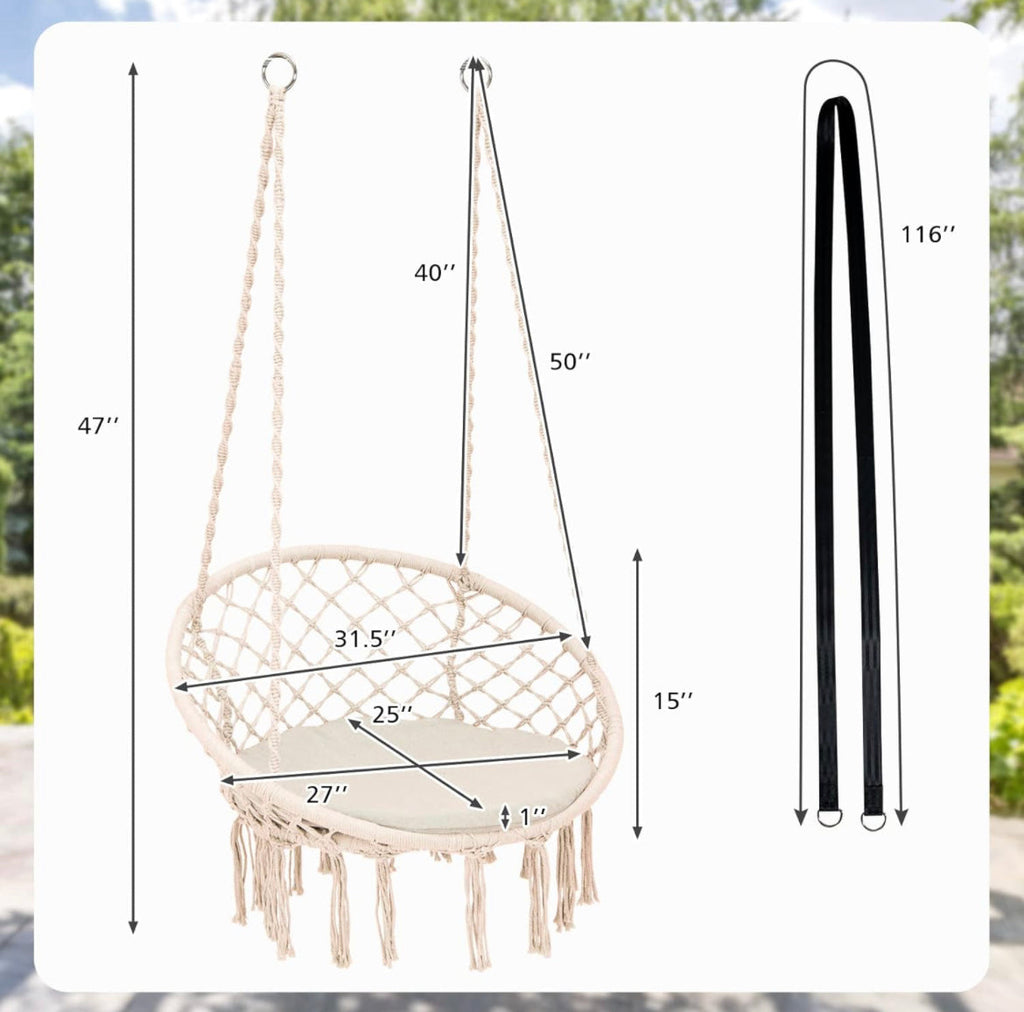 Bohemian Macrame Hammock Chair with Cushion - Indoor/Outdoor Hanging Rope Swing with Hardware Kit & Strap