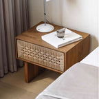 Handwoven Rope Front Wooden Nightstand – Mid-Century Natural Solid Wood Bedside Table