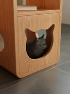 Multi-Level Wooden Side Table with Built-In Cat House – Stylish and Functional Pet-Friendly Furniture