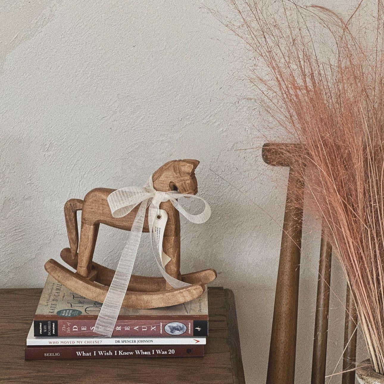 Vintage Wooden Rocking Horse Décor – Rustic Accent Piece with Ribbon