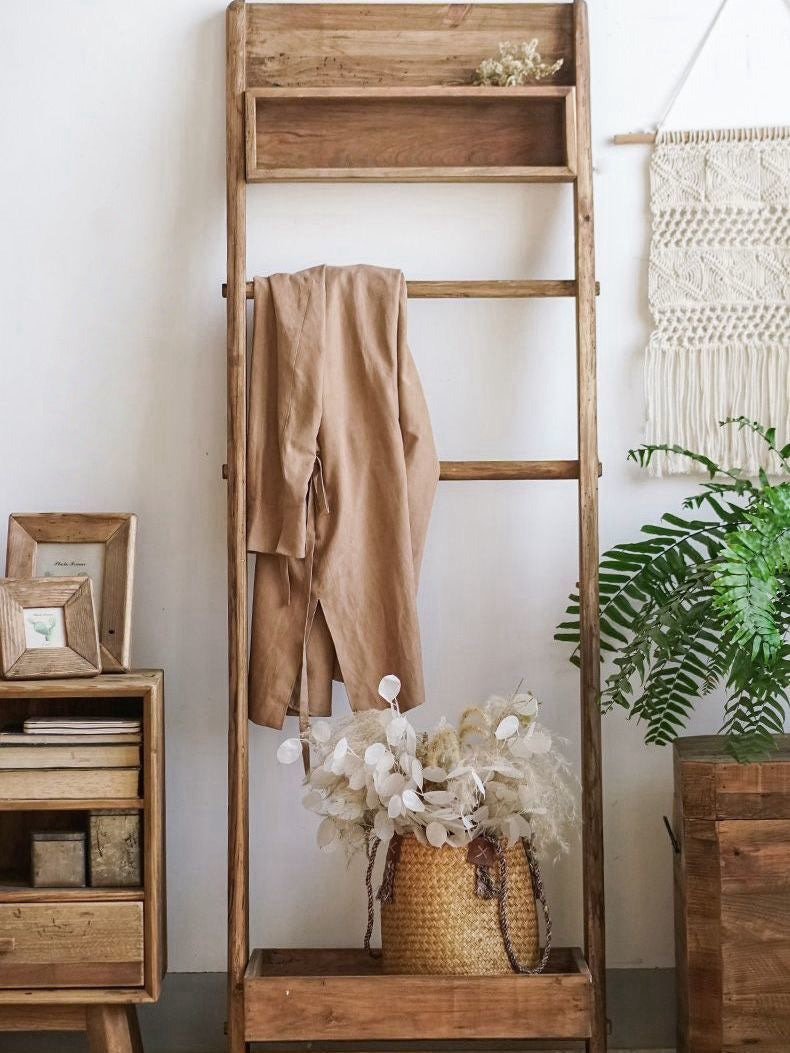 Rustic Wooden Ladder Shelf with Hanging Rack