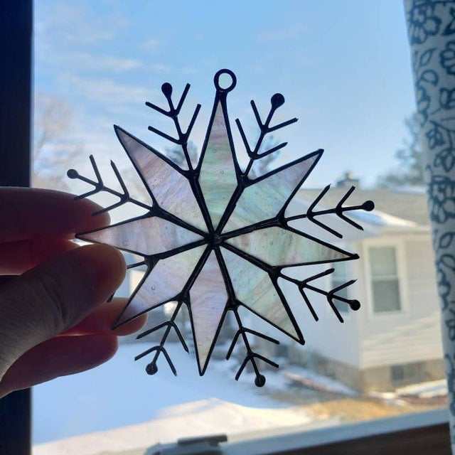 Stained Glass Snowflake Ornament – Handmade Iridescent Holiday Suncatcher