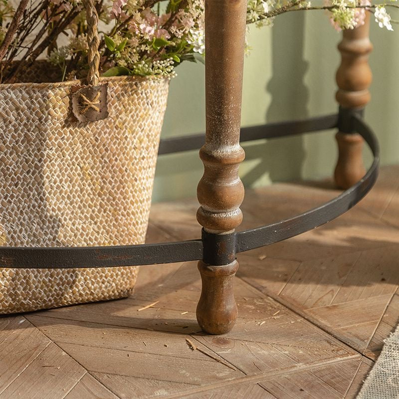 Rustic Wooden Half-Moon Round Corner Entryway Table with Iron Detailing