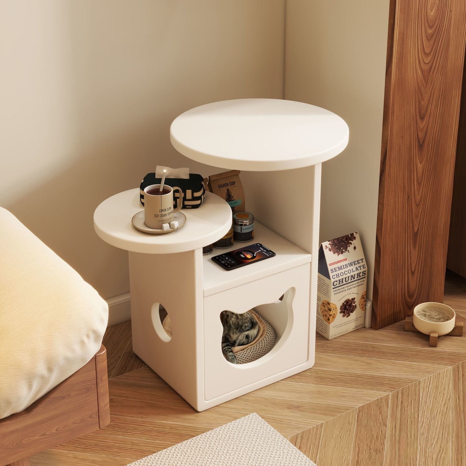 Multi-Level Wooden Side Table with Built-In Cat House – Stylish and Functional Pet-Friendly Furniture