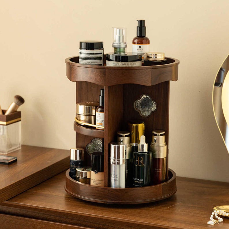 Vintage 360° Rotating Wooden Makeup Organizer – Elegant Vanity Storage with Carved Accents