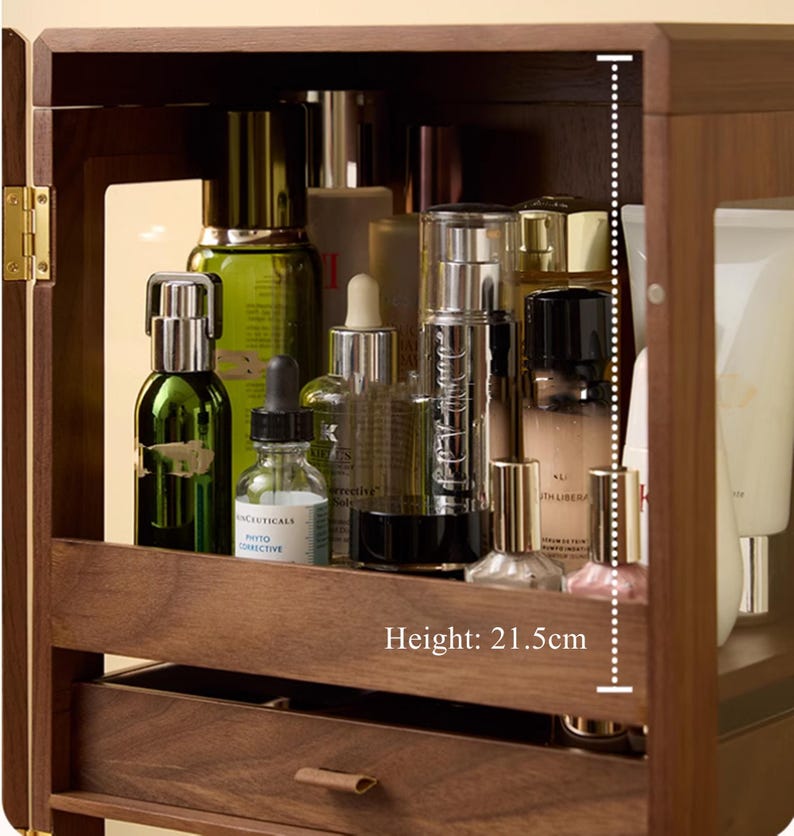 Luxury Walnut Wood Vanity Organizer – High-Capacity Cosmetic Storage Box with Mirror & Drawers