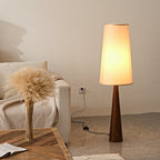 Modern Sculptural Wood Floor Lamp with Tall Linen Shade – Ambient Lighting for Living Room & Bedroom