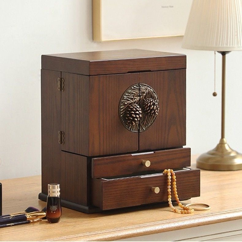 Luxury Solid Walnut Makeup Organizer Box with Drawers and Mirror – Elegant Vanity Storage Cabinet for Jewelry, Cosmetics & Beauty Essentials