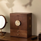Luxury Solid Walnut Makeup Organizer Box with Drawers and Mirror – Elegant Vanity Storage Cabinet for Jewelry, Cosmetics & Beauty Essentials