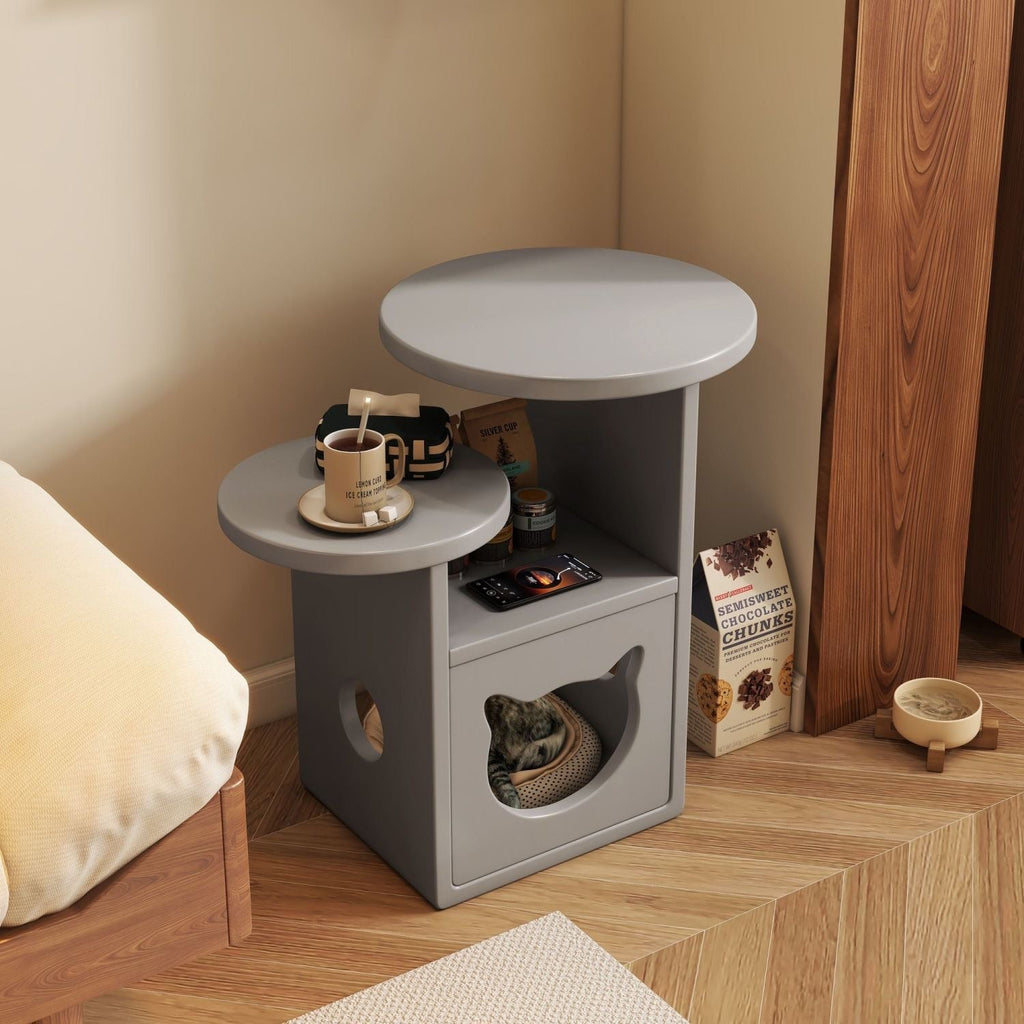 Multi-Level Wooden Side Table with Built-In Cat House – Stylish and Functional Pet-Friendly Furniture