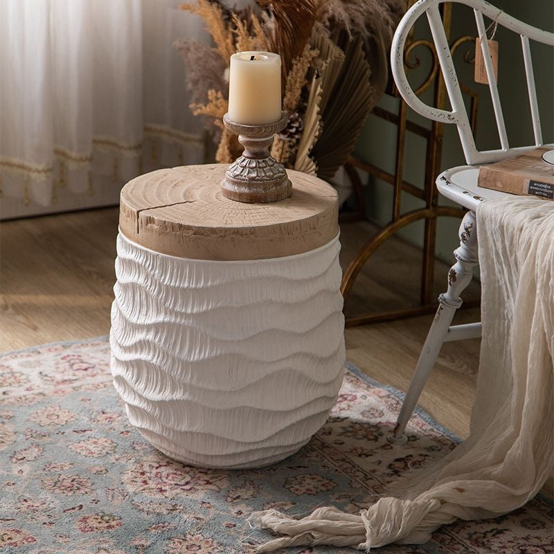 Textured Solid Wood Side Table – Natural Top & Sculpted Base