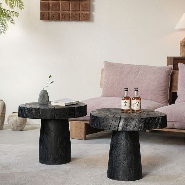 Charred Black Wood Side Table – Sculptural Solid Wood Accent Stool