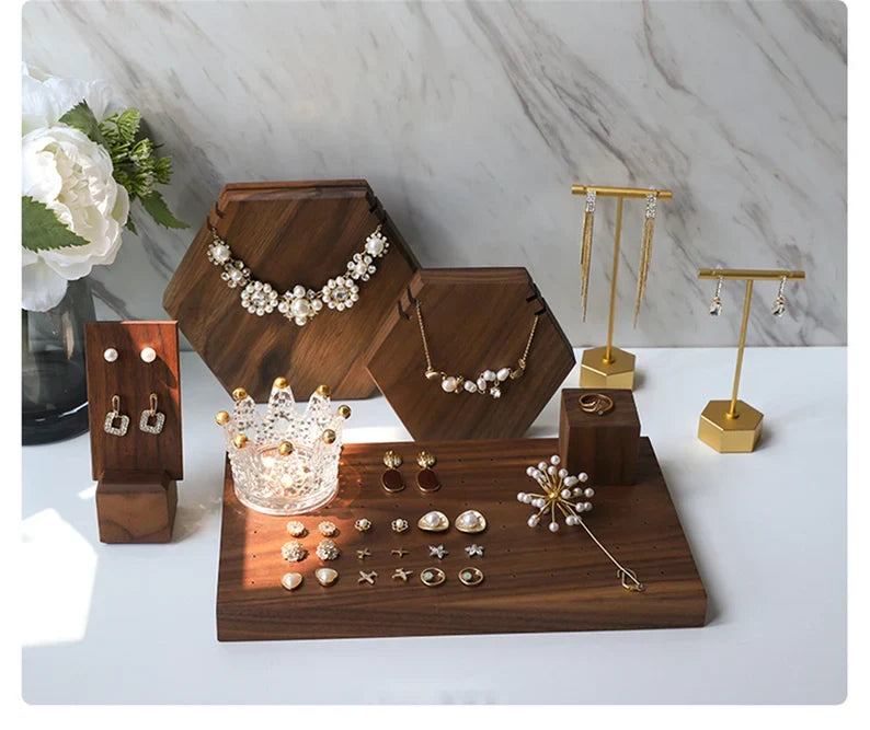Wooden Jewelry Display Stand Set – Ring, Necklace, Earring Organizers for Retail & Home