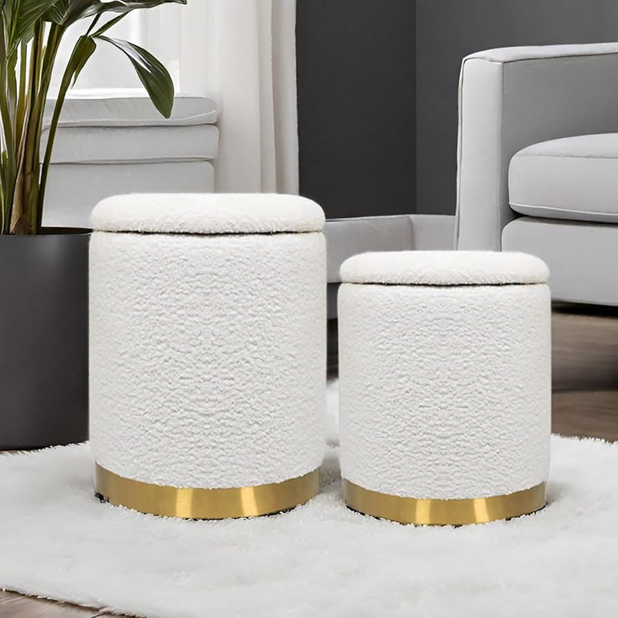 Set of 2 White Sherpa Round Storage Ottomans with Gold Base – Soft Vanity Stool for Bedroom or Living Room