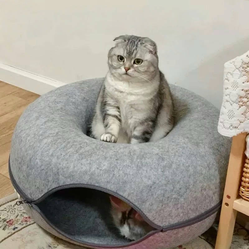 Convertible Felt Cat Cave Bed with Zipper – Modern 2-in-1 Donut Pet Hideout