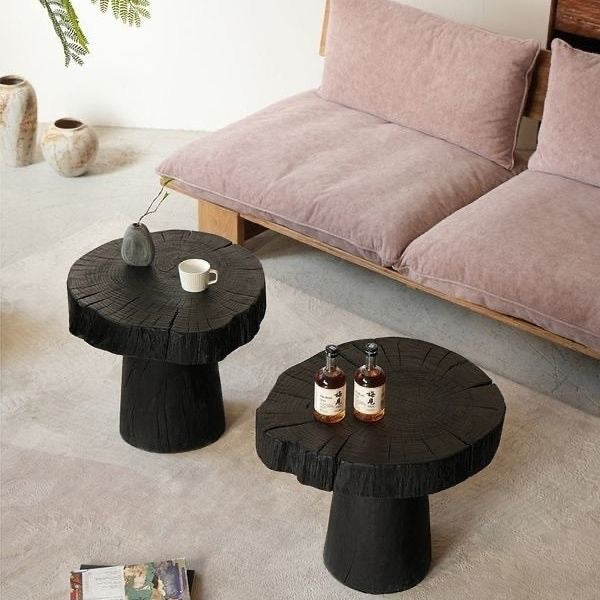 Charred Black Wood Side Table – Sculptural Solid Wood Accent Stool