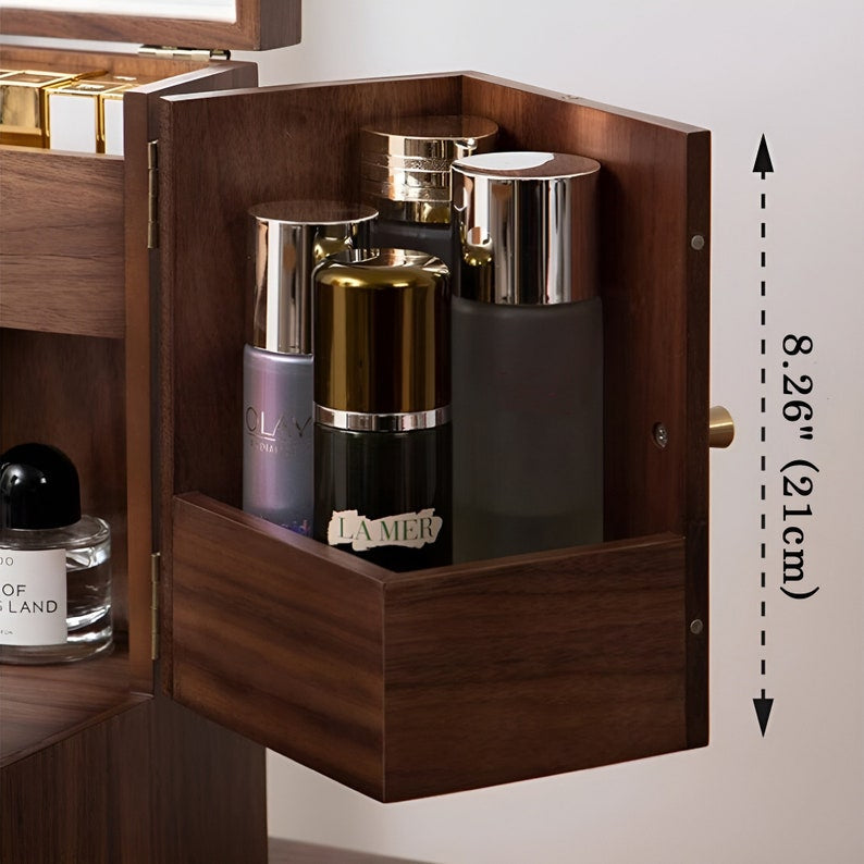 Luxury Solid Walnut Makeup Organizer Box with Drawers and Mirror – Elegant Vanity Storage Cabinet for Jewelry, Cosmetics & Beauty Essentials