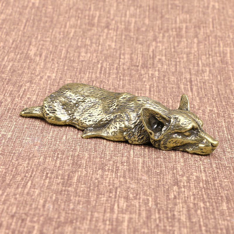 Retro Solid Brass Corgi Dog Statue Lovely Animal Figurines Ornaments Sculpture