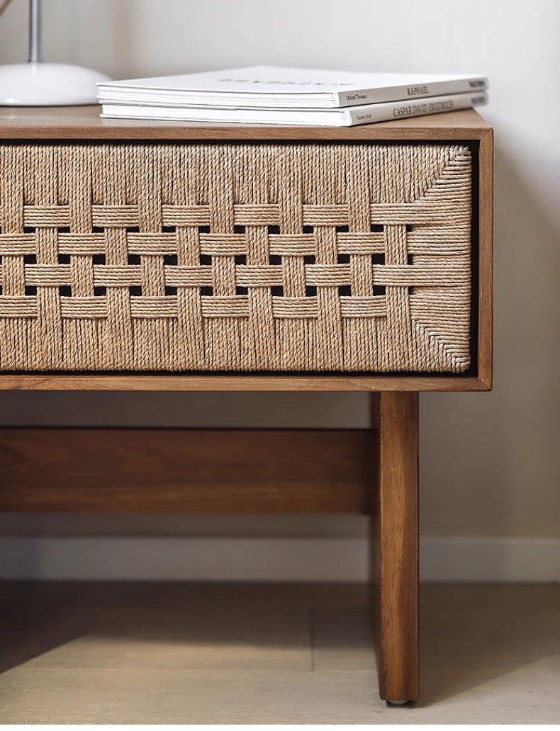 Handwoven Rope Front Wooden Nightstand – Mid-Century Natural Solid Wood Bedside Table
