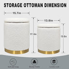 Set of 2 White Sherpa Round Storage Ottomans with Gold Base – Soft Vanity Stool for Bedroom or Living Room
