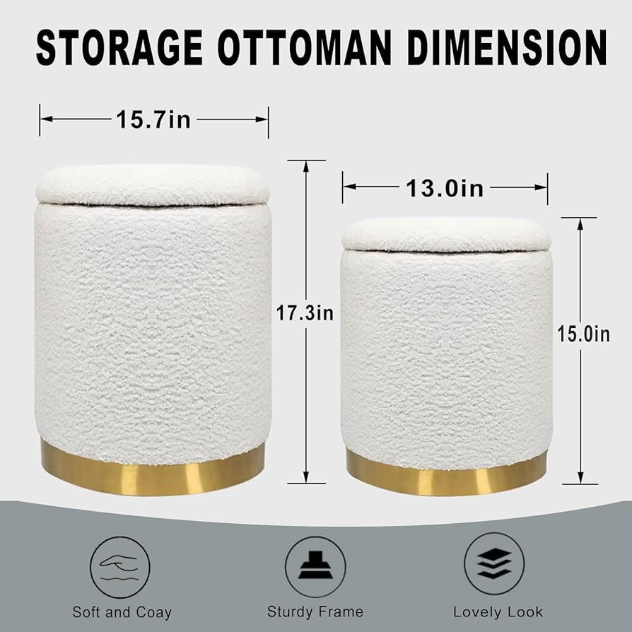 Set of 2 White Sherpa Round Storage Ottomans with Gold Base – Soft Vanity Stool for Bedroom or Living Room