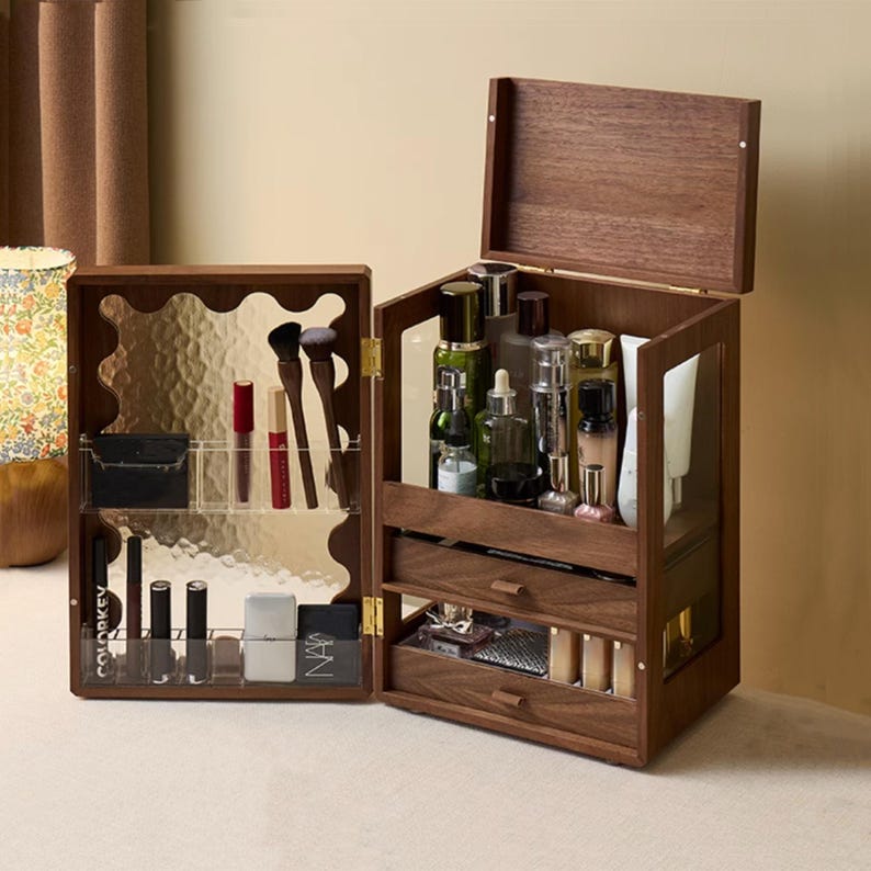 Luxury Walnut Wood Vanity Organizer – High-Capacity Cosmetic Storage Box with Mirror & Drawers