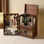 Luxury Walnut Wood Vanity Organizer – High-Capacity Cosmetic Storage Box with Mirror & Drawers