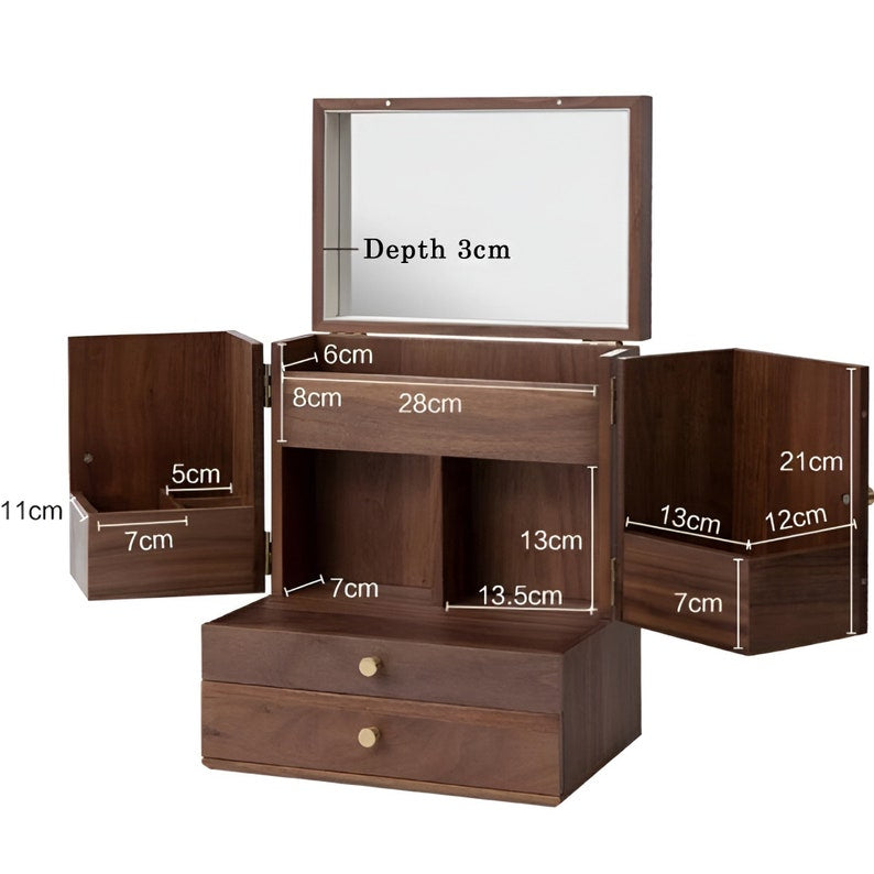 Luxury Solid Walnut Makeup Organizer Box with Drawers and Mirror – Elegant Vanity Storage Cabinet for Jewelry, Cosmetics & Beauty Essentials