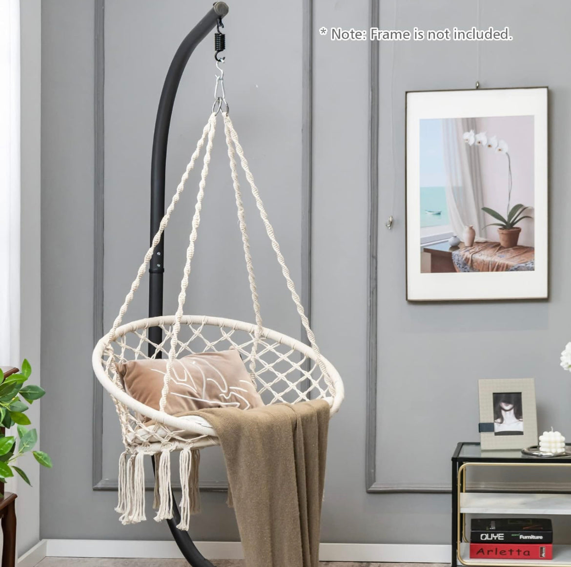Bohemian Macrame Hammock Chair with Cushion - Indoor/Outdoor Hanging Rope Swing with Hardware Kit & Strap