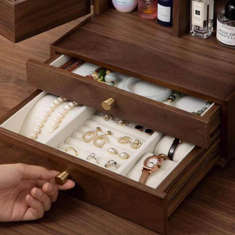 Luxury Solid Walnut Makeup Organizer Box with Drawers and Mirror – Elegant Vanity Storage Cabinet for Jewelry, Cosmetics & Beauty Essentials