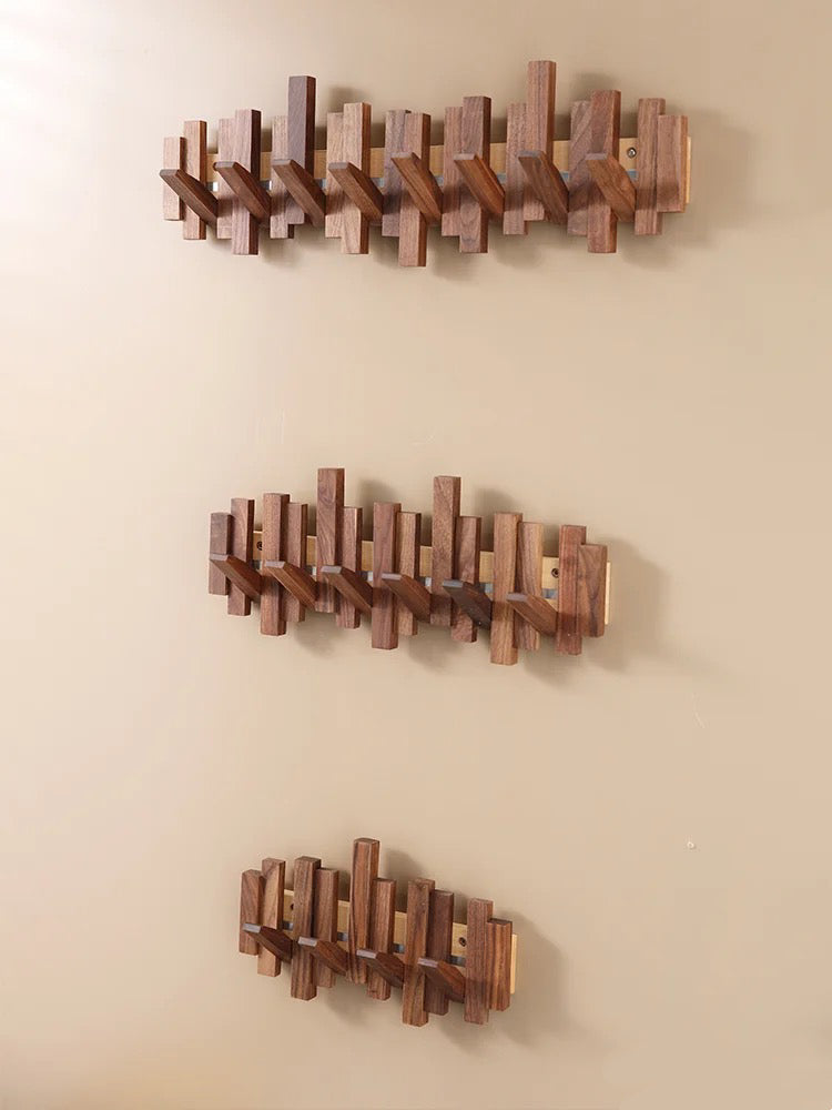 Modern Wooden Wall Hook Rack – Space-Saving Folding Coat Rack with Hidden Hooks – Stylish Walnut Wood Floating Wall Organizer