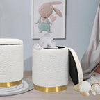 Set of 2 White Sherpa Round Storage Ottomans with Gold Base – Soft Vanity Stool for Bedroom or Living Room