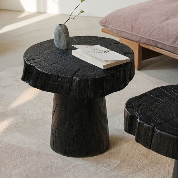 Charred Black Wood Side Table – Sculptural Solid Wood Accent Stool