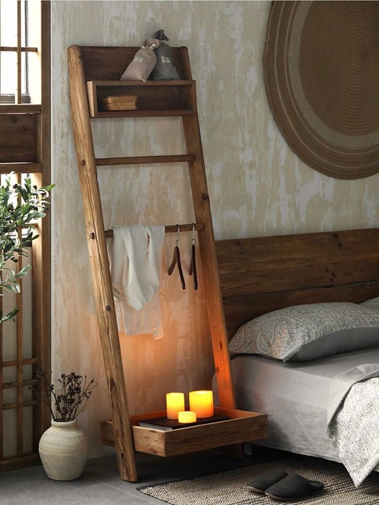 Rustic Wooden Ladder Shelf with Hanging Rack