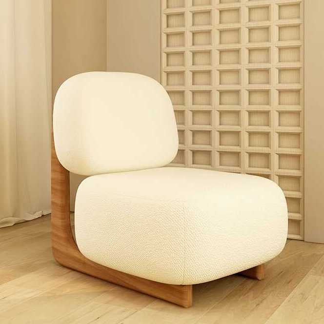 Modern Bouclé Lounge Chair – Plush Upholstered Accent Chair with Wood Base & Pillow for Living Room or Bedroom
